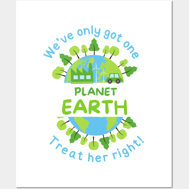 We've Only Got One Planet Earth Treat Her Right | Funny Green Earth Day Awareness Mother Earth Humor Cute World Globe with Trees Wall Art by Motistry